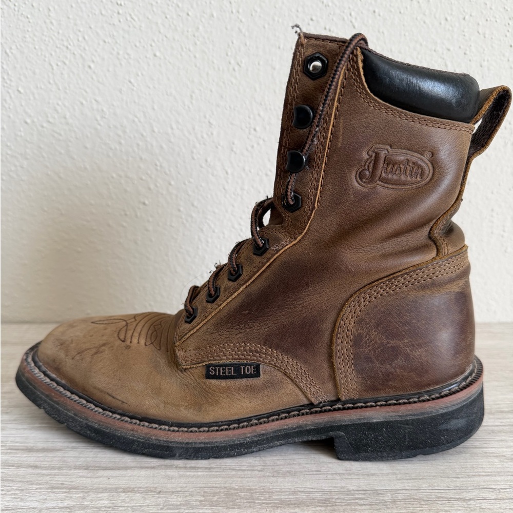 Justin Mens Pulley Brown Steel Toe Lace Up Western Work Boots SE682 size 6D - Picture 13 of 15